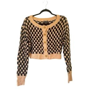 For love & lemons tan and black checkered cropped cardigan sweater size small